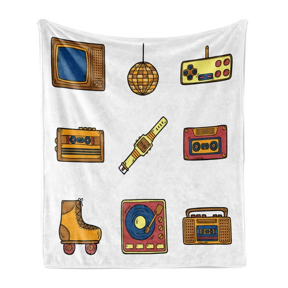 90s Soft Flannel Fleece Blanket, Cartoon Illustration with Old Fashioned Technology Lifestyle Theme Nostalgic Artwork, Cozy Plush for Indoor and Outdoor Use, 60" x 80", Mustard Navy, by Ambesonne