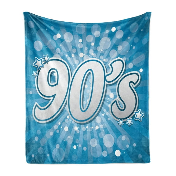 90s Soft Flannel Fleece Throw Blanket, 90's Letter and Stars on Striped Background with Circles Party Celebration Themed Artwork, Cozy Plush for Indoor and Outdoor Use, 70" x 90", Blue, by Ambesonne