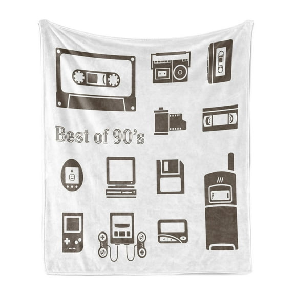 90s Soft Flannel Fleece Throw Blanket, Gadget of 90s Pattern with Desktop Computer Video Game Joystick Nostalgia Theme Print, Cozy Plush for Indoor and Outdoor Use, 70" x 90", Brown, by Ambesonne