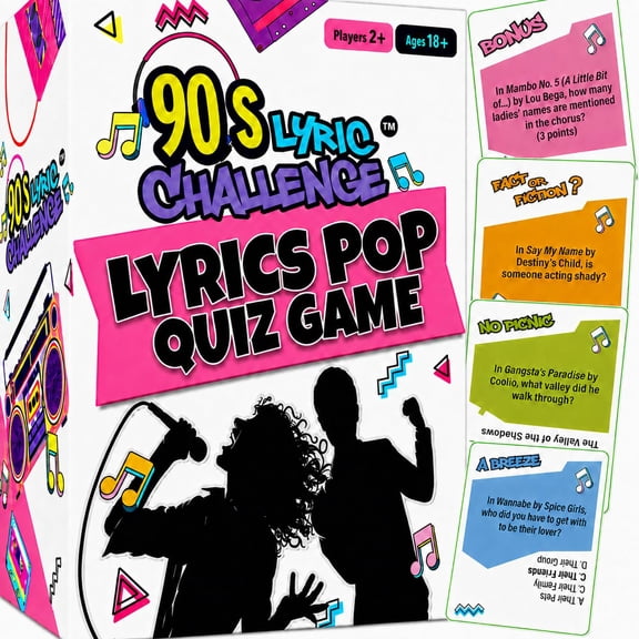 90s Song Lyric Game Finish the Lyrics Music Trivia Card Game for Adults, 90s Nostalgia Party Game for Millennials & Gen X