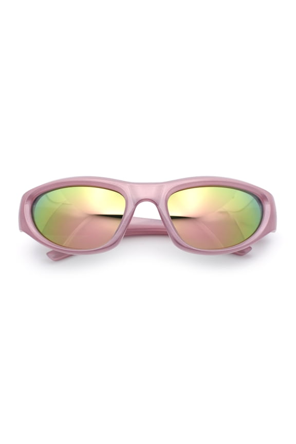90s Sport Fashion Wrap Around Styling Star Emblem Temple Sunglasses Pink - Pink Mirror