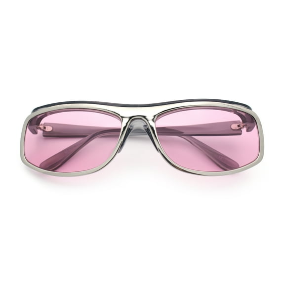 90s Style Flat Top Half Rim Narrow Rectangle Wrap Sport Sunglasses Slate Silver - Pink