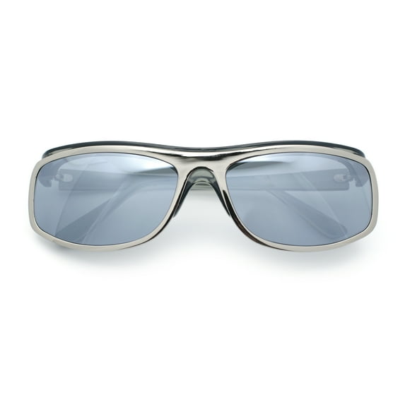90s Style Flat Top Half Rim Narrow Rectangle Wrap Sport Sunglasses Slate Silver - Silver Mirror