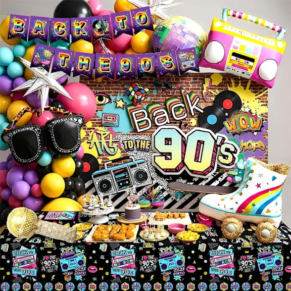 90s Theme Birthday Party Decorations 90s Party Supplies with Back to The 90's Backdrop Tablecloth Banner Inflatable Boom Box Mobile Phone& Guitar Disco Balloons and Balloon Arch Kit VT4