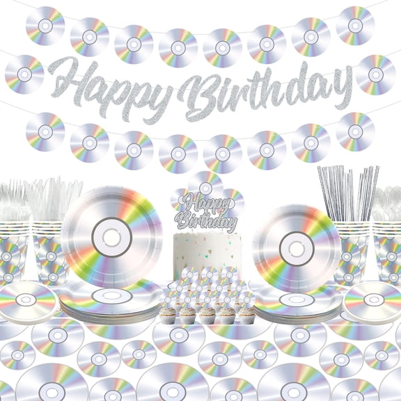 90s Theme Party Decorations Birthday Banner Tablecloth Cupcake Topper 20-Person Set