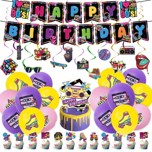 90s Theme Party Decorations Kit, Retro Birthday Supplies | Includes Banner, Cake Toppers, Balloons, cake decorations, Tools for Retro Disco Party