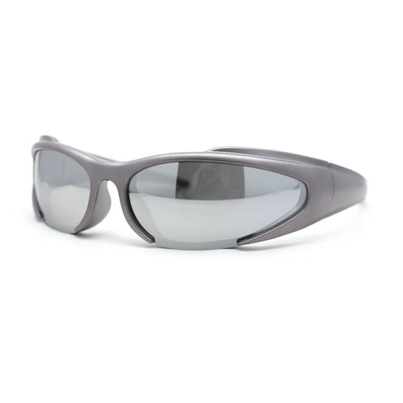 90s Trendy Plastic Narrow Wrap Around Oval Sport Sunglasses Metal Grey - Silver Mirror