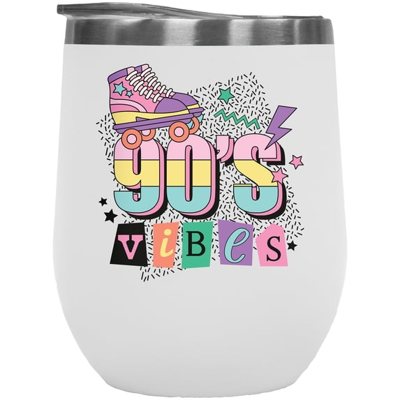 90s Vibes, Retro Roller Skaters Art Merch Gift, White 12oz Wine Tumbler