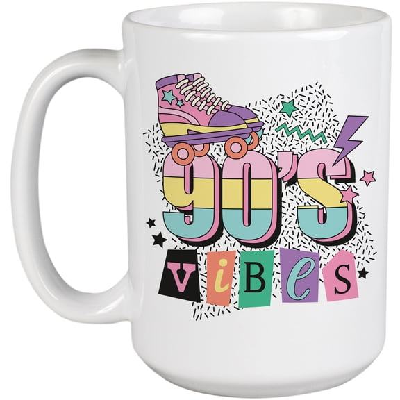 90s Vibes, Retro Roller Skaters Art Merch Gift, White 15oz Ceramic Mug