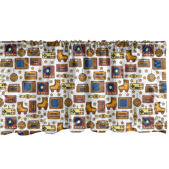 90s Window Valance Pack of 2, 90s Theme with Old Style House Devices Roller Skate Shoes Fun Dance Style Retro Pattern, Rod Pocket Curtain Valances for Kitchen Bedroom, 54" X 18", Mustard, by Ambesonne