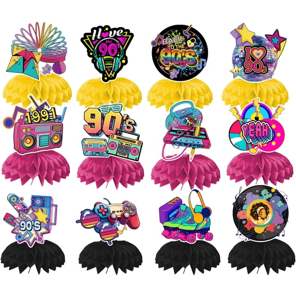 90s Party Supplies,12Pcs 90s Honeycomb Centerpieces,90s Centerpieces for Tables 3D Double Side for 90s Party Decorations