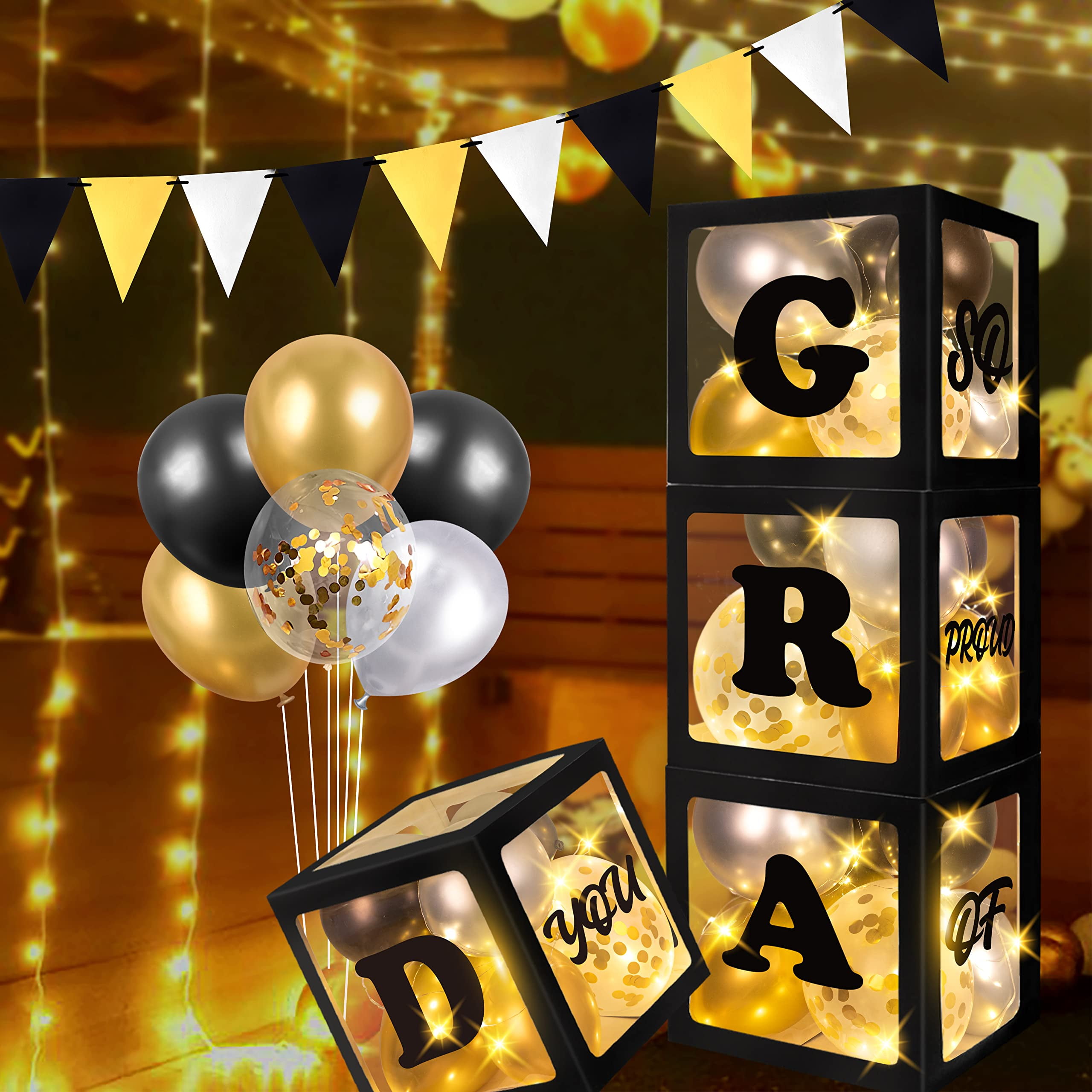 90shine Graduation Decorations Class of 2024 2025 4PCS Black Congrats Grad Boxes with Letters