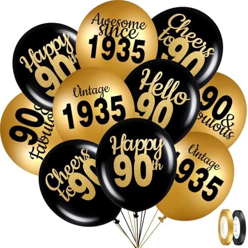 90th Birthday Balloons for 90th Birthday Decorations Men Women Black Gold 12inch Latex Confetti 24pcs Balloons for 1935 Party Birthday Supply