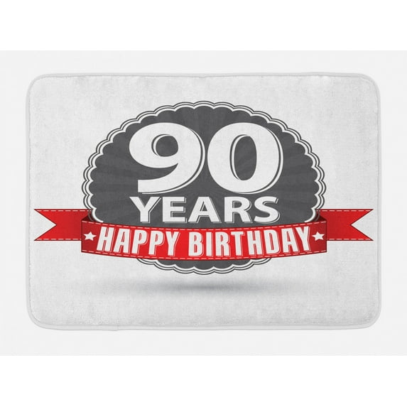 90th Birthday Bath Mat, Retro Style Label with Red Ribbon and Vintage Emblem Stars Classical, Non-Slip Plush Mat Bathroom Kitchen Laundry Room Decor, 29.5 X 17.5 Inches, Red Grey White, Ambesonne