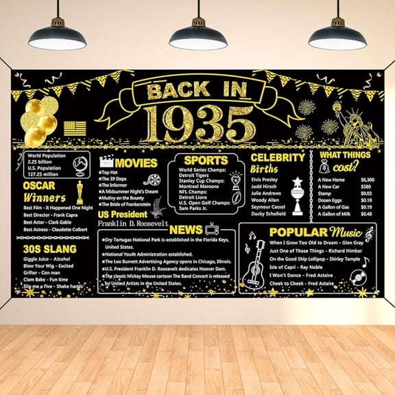90th Birthday Black Gold Party Decoration, Back in 1935 Banner 90 Year Old Birthday Party Poster Supplies, 6x3.6ft Large Vintage 1935 Backdrop Photography Background for Men and Women