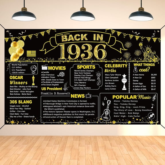 90th Birthday Black Gold Party Decoration, Back in 1936 Banner 90 Year Old Birthday Party Poster Supplies, 70.86x43 in Large Fabric Vintage 1936 Backdrop Photography Background for Men and Women