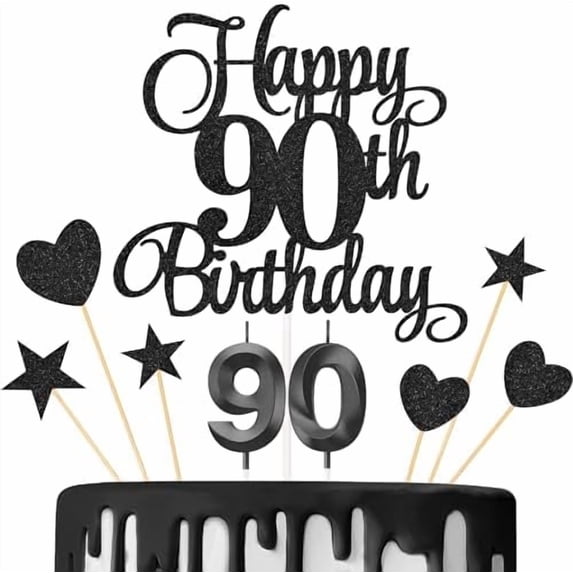 90th Birthday Cake Toppers, 90th Birthday Candles Numeral Candles and Glitter Cake Decorations Toppers Set for Party Supplies (Black)
