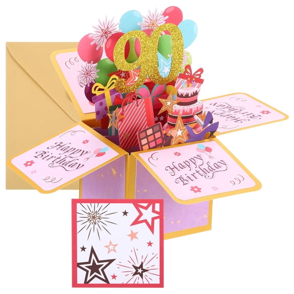 Uxcell 90th Birthday Card, Pop-Out Birthday Card with Greeting Card and Envelope, Gold Foil