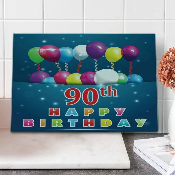 90th Birthday Cutting Board, Joyful Surprise Party Mood with Best Wishes Balloons and Swirls Age 90, Decorative Tempered Glass Cutting and Serving Board, Large Size, Multicolor, by Ambesonne