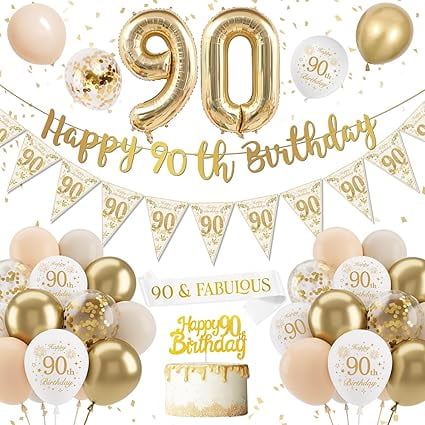 90th Birthday Decoration for Women Men, Gold White Birthday Balloons with Happy 90th Birthday Banner, Confetti Latex Balloons Cake Topper for Women Party Decorations