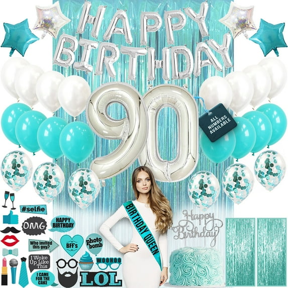 90th Birthday Decorations, 90th Birthday Party Supplies, 90th Birthday Banner Teal Green, Confetti Balloons Her, 90 Cake Topper, 90th Gifts