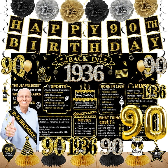 90th Birthday Decorations for Men Women, 1936 Bday Party Supplies, 21pcs Black Gold 90th birthday Banner Balloon, Backdrop, Honeycomb Centerpieces, Hanging Swirl, Sash, Photo Booth Props