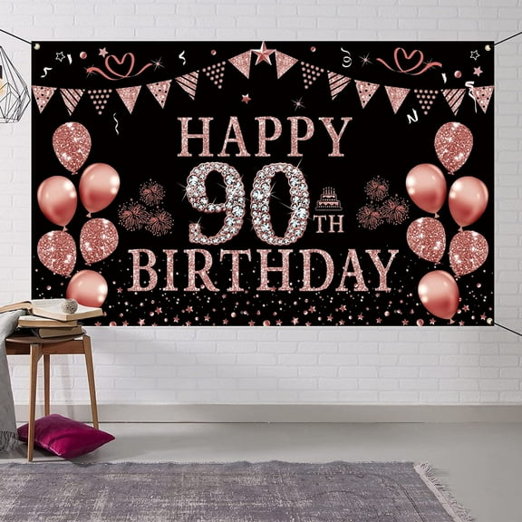 90th Birthday Decorations Rose Gold 90 year old Birthday Backdrop Banner for Women Happy 90th Birthday Party