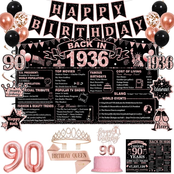 90th Birthday Decorations for Women, Rose Gold Black 90th Birthday Party Supplies Kit for Her, Happy 90th Birthday Banner, Crown, Sash, Cake Topper, Back in 1936 Backdrop,and Card Y102