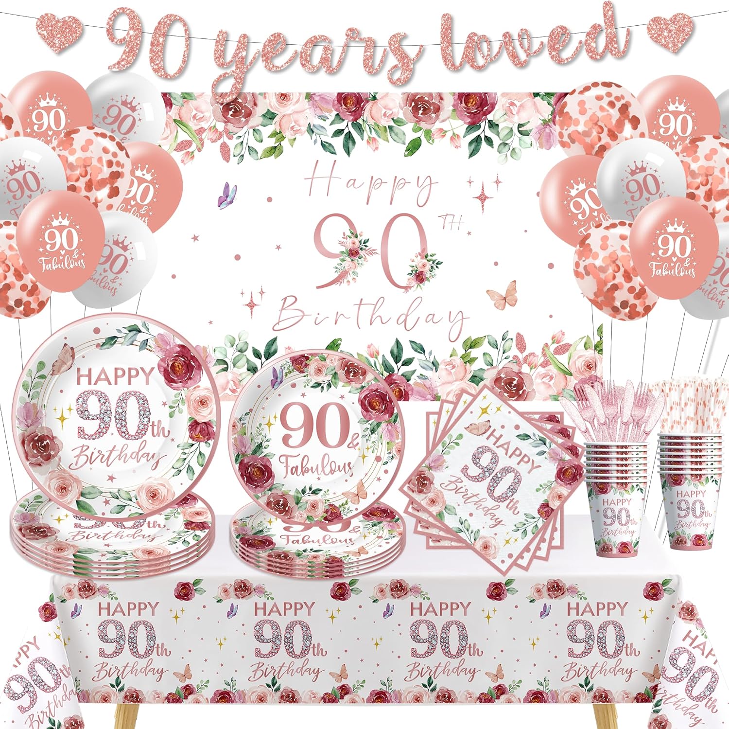 90th Birthday Decorations for Women, Rose Gold Fabulous Happy 90th — free download