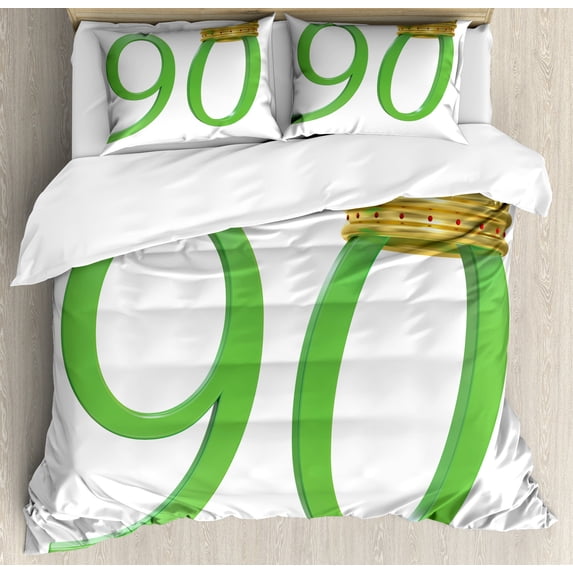 90th Birthday Duvet Cover Set, 3D Style Design with Number 90 Queen Crown Celebration Theme Print, Decorative 3 Piece Bedding Set with 2 Pillow Shams, Queen Size, Yellow Green, by Ambesonne
