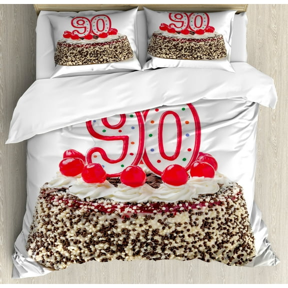90th Birthday Duvet Cover Set, Birthday Cake with Tasty Cherries Burning Candles and Number 90, Decorative 3 Piece Bedding Set with 2 Pillow Shams, Queen Size, Red Brown White, by Ambesonne
