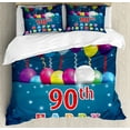 thumbnail image 1 of 90th Birthday Duvet Cover Set King Size, Joyful Surprise Party Mood with Best Wishes Balloons and Swirls Age Ninety, Decorative 3 Piece Bedding Set with 2 Pillow Shams, Multicolor, by Ambesonne, 1 of 3