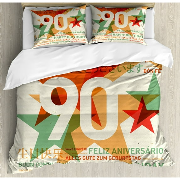 90th Birthday Duvet Cover Set Queen Size, Old Age Celebrations from the World Languages and Stars in Vintage Style, Decorative 3 Piece Bedding Set with 2 Pillow Shams, Multicolor, by Ambesonne