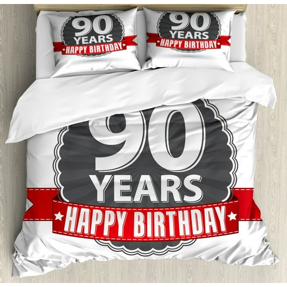 90th Birthday Duvet Cover Set, Retro Style Design with Red Ribbon and Vintage Emblem Stars Classical, Decorative 3 Piece Bedding Set with 2 Pillow Shams, King Size, Red Grey White, by Ambesonne