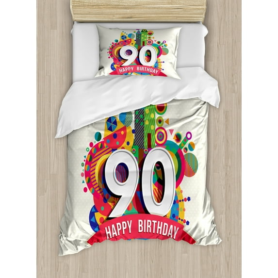 90th Birthday Duvet Cover Set Twin Size, Funky Pop Style Geometrical Fun Celebration Cute Colorful Greetings Theme, Decorative 2 Piece Bedding Set with 1 Pillow Sham, Multicolor, by Ambesonne