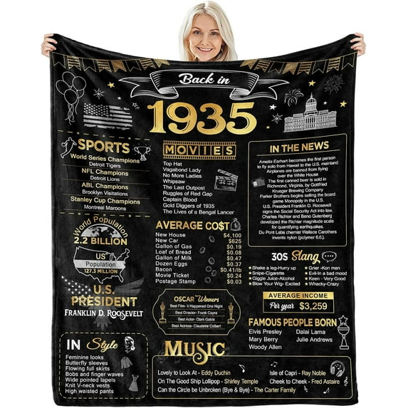 90th Birthday Gift for Women - Back in 1935 - Best for 90 Year Old Woman - Decorations and Ideas - Flannel Throw Blanket Golden Blanket 60x50 Inch