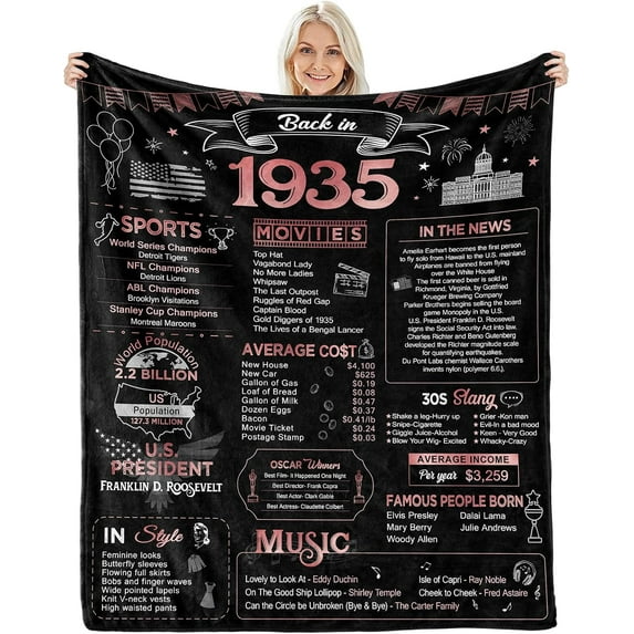 90th Birthday Gift for Women - Back in 1935 - Best for 90 Year Old Woman - Decorations and Ideas - Flannel Throw Blanket Pink Blanket 60x50 Inch
