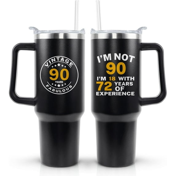 90th Birthday Gifts for Him Her - Birthday Tumbler for Women Men Dad Mom - 40 OZ Stainless Steel Cup Travel Mug Water Bottle with Handle and Straw - The Best Birthday Gift Ideas