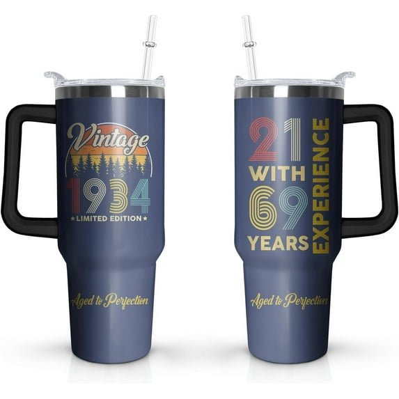 90th Birthday Gifts Cup, 40 Oz Stainless Steel Tumbler with Handle & Straw, 90 Year Old Birthday Gifts for Men Coffee Mug, 90th Birthday Decorations for Men, Happy 90th Birthday Gifts for Men