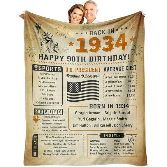 90th Birthday Gifts for Men Women, Happy 90th Birthday Decorations for Women Men, Best Gifts for 90 Year Old Woman, 90th Birthday Gift Ideas, Mom Dad Grandma Grandpa 90th Birthday Blanket 60x50 Inch