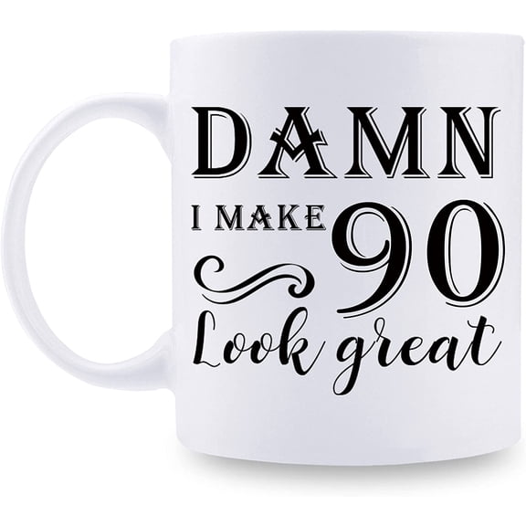 90th Birthday Gifts for Women Men - Damn I Make 90 Look Great Mug - 90 Year Old Present Ideas for Grandpa, Grandma, Wife, Husband, Mom, Dad, Sisters, Brothers, Friends - 11 oz Coffee Mug