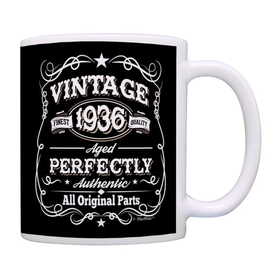 ThisWear 90th Birthday Mug Vintage 1936 All Original Parts Birthday Coffee Cup Gift 11oz Ceramic Coffee Mug with Handle Black