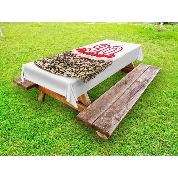 90th Birthday Outdoor Tablecloth, Birthday Cake with Tasty Cherries Burning Candles and Number Ninety, Decorative Washable Fabric Picnic Tablecloth, 58 X 120 Inches, Red Brown White, by Ambesonne
