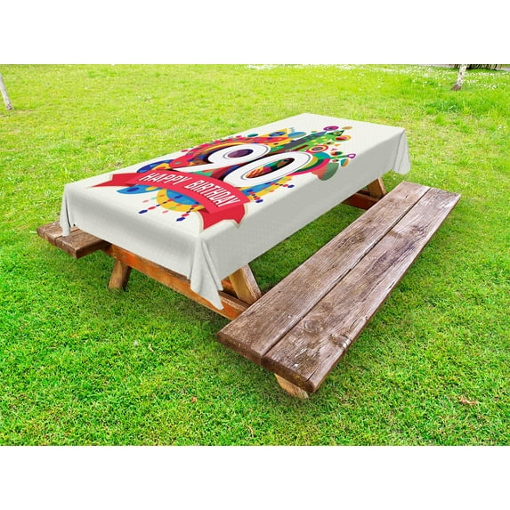 90th Birthday Outdoor Tablecloth, Funky Pop Style Geometrical Fun Celebration Cute Colorful Greetings Theme, Decorative Washable Fabric Picnic Tablecloth, 58 X 120 Inches, Multicolor, by Ambesonne