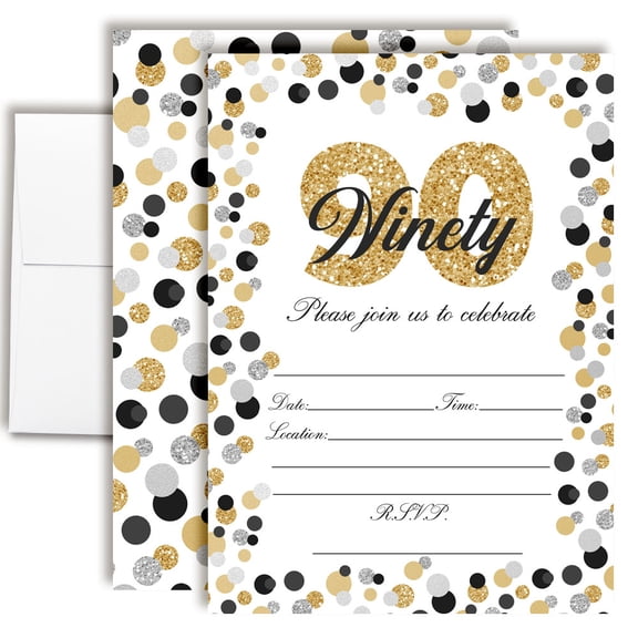 90th Birthday Party Invitations Gold & Silver Confetti Design, Fill-In Cards with Envelopes, 5x7 Size, Set of 20