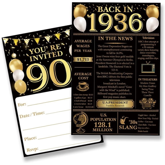 90th Birthday Party Invitations for Women Men - Back in 1936 Invites 90 Year Old Set Anniversary (20 and Envelopes)