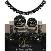 90th Birthday Party Supplies and Decorations for 24 Guests, Black and Gold Plates, Napkins, Cups, Tablecloths, Banner