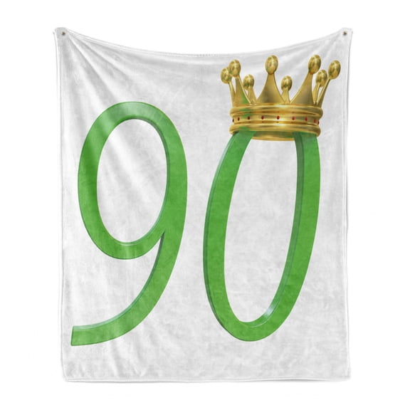 90th Birthday Soft Flannel Fleece Throw Blanket, 3D Style Design with Number 90 Queen Crown Celebration Theme Print, Cozy Plush for Indoor and Outdoor Use, 60" x 80", Yellow Green, by Ambesonne