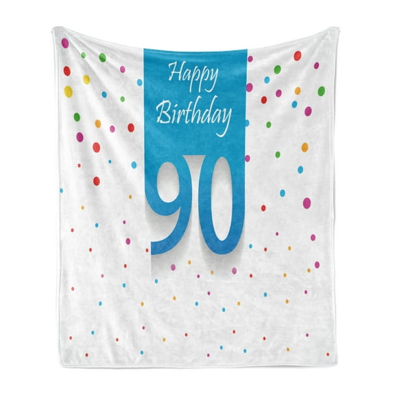90th Birthday Soft Flannel Fleece Throw Blanket, Framework with Hand Writing Calligraphy 90 Years Old Polka Dots, Cozy Plush for Indoor and Outdoor Use, 50" x 60", Multicolor, by Ambesonne