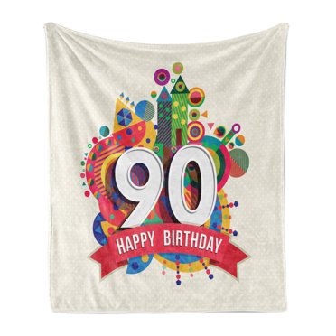 90th Birthday Soft Flannel Fleece Throw Blanket, Funky Pop Style Geometrical Fun Celebration Colorful Greetings Theme, Cozy Plush for Indoor and Outdoor Use, 50" x 70", Multicolor, by Ambesonne